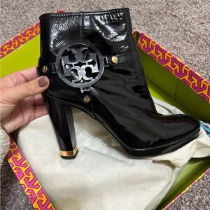 Tory Burch - black leather and gold ankle boots